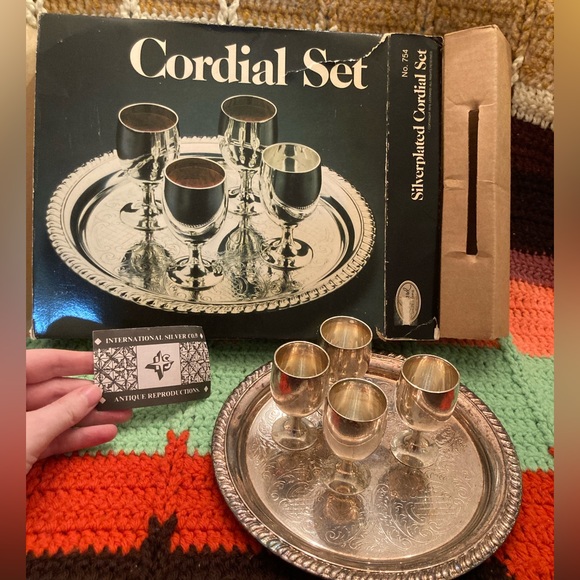 Vintage Silverplated Cordial Set - 1 Tray, Four Mini Goblets - Picture 1 of 16